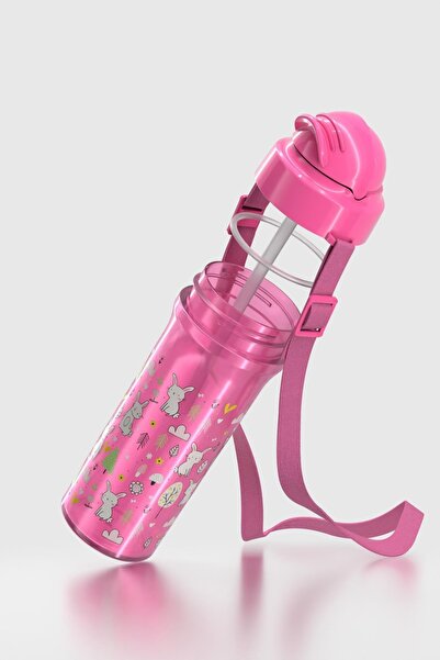 Renga Migo Rabbit Patterned 300 ml Pp Baby Water Bottle with Strap and Straw 912013 Pink