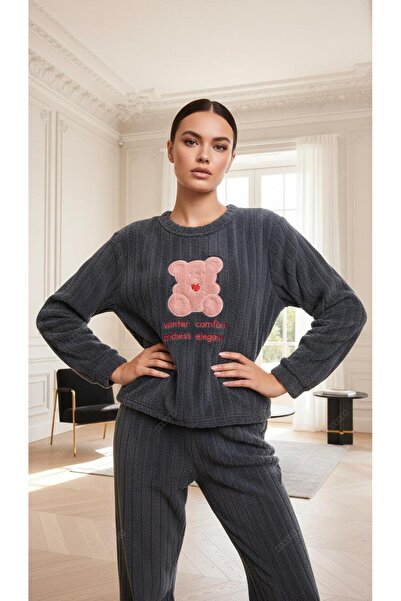MİSS ELİZZA Gray Pajama Set with Plush Fluffy Teddy Bear