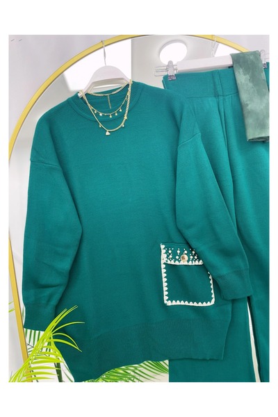 YEDİLALE Stone Pearl Detailled Single Pocket Knit Tunic Pants Double Set [Standard Size 38-44 Size Range]