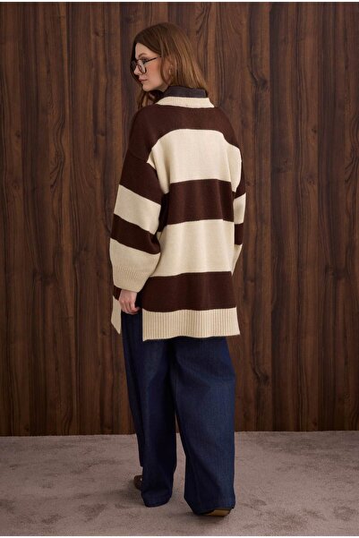 HEQA Striped V-Neck Sweater Bone-Brown