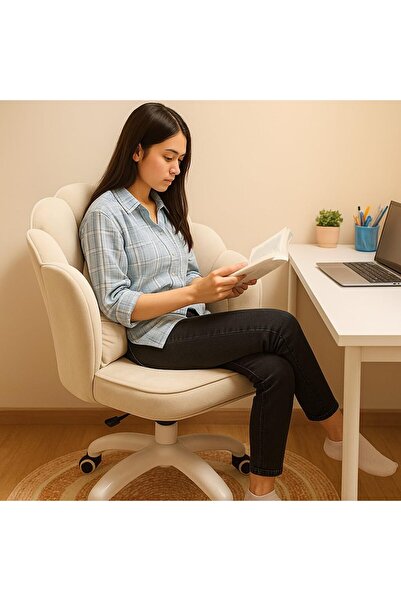 Generic Height Adjustable Makeup Chair 360ْ Swivel Vanity Chair with Padded Casters and Cushion- Beige