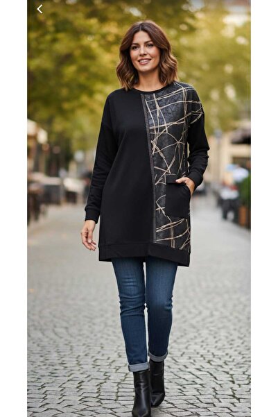 papilla Güncüoğlu Combed Cotton Tunic with Patterned Front, Ribbed Sleeves and Bottom Part