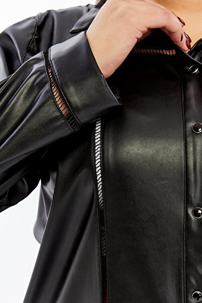 RMG Crochet Detailed Plus Size Leather Shirt Black