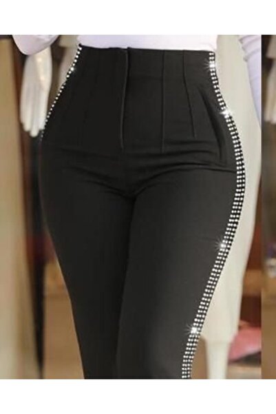 JANES Women's High Waist Side Stone Detailed Imported Crepe Trousers