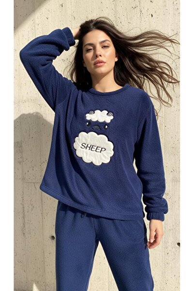 MİSS ELİZZA Plush Podufuk Navy Blue Velvet Pajama Set