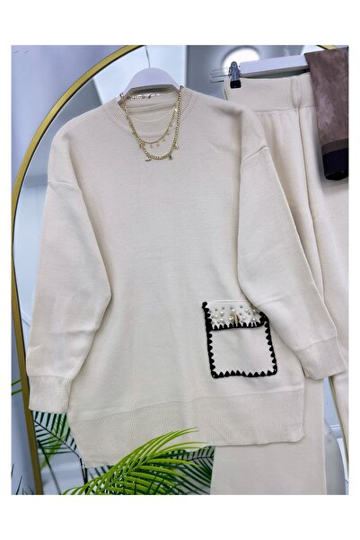 YEDİLALE Stone Pearl Detailled Single Pocket Knit Tunic Pants Double Set [Standard Size 38-44 Size Range]