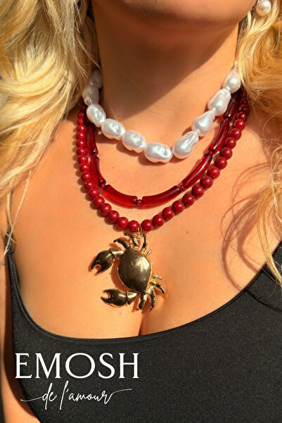 EMOSH de Lamour 3'lü Layered Yengeç Kolye Seti | İnci Görünüm & Kırmızı Cam B...