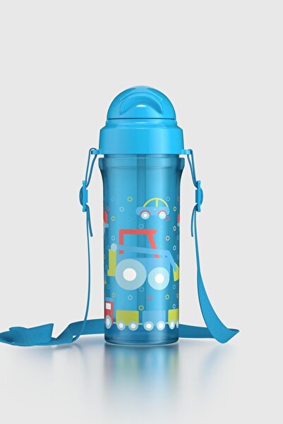 Renga Migo Car Patterned 300 ml Pp Baby Water Bottle with Strap and Straw 912013 Blue