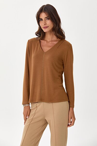 İKİLER Plus Size V-Neck Long Sleeve Soft Blouse