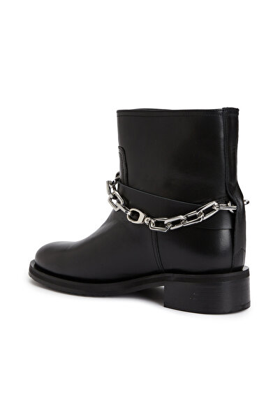 Dıvarese Siyah Zincir Detaylı Kadın Deri Bot