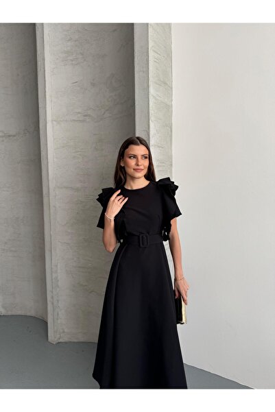 DUAS & CO فستان ميدي بتفاصيل على الكتف وأكمام مكشكشة وحزام