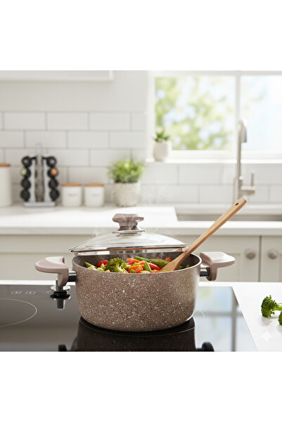 OMS 28cm Brown Granitec Coated Non-Stick Casserole With Glass Lid Made in Turkey | 3110