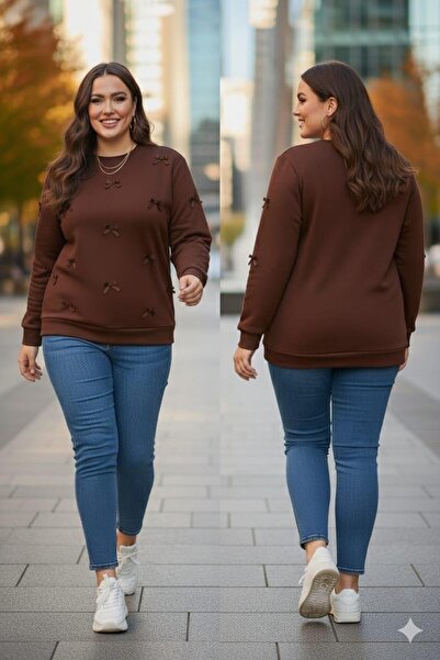 RMG Large Size Sweatshirt with Bow Detail Brown