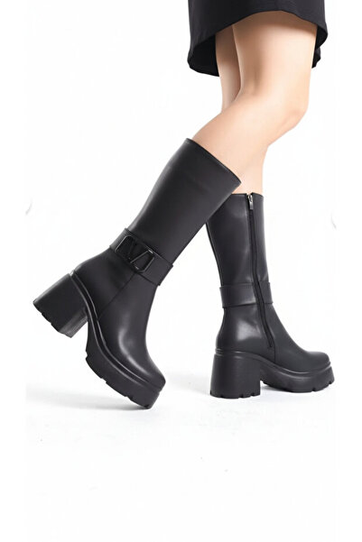 Zerenyus Moki Premium Black V Detailed High Comfortable Heeled Short Boots