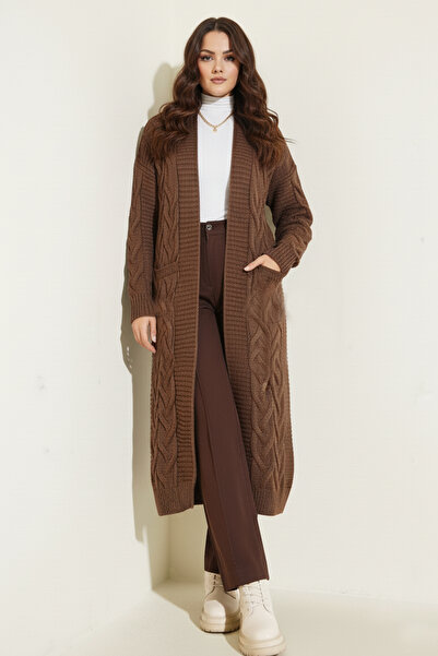 benguen Πλεκτή Ζακέτα Μακρύ Πλεκτό Μοτίβο R2817 Καφέ