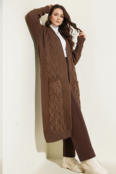 benguen Πλεκτή Ζακέτα Μακρύ Πλεκτό Μοτίβο R2817 Καφέ