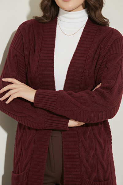 benguen Knitted Patterned Long Knitwear Cardigan R2817 Claret Red