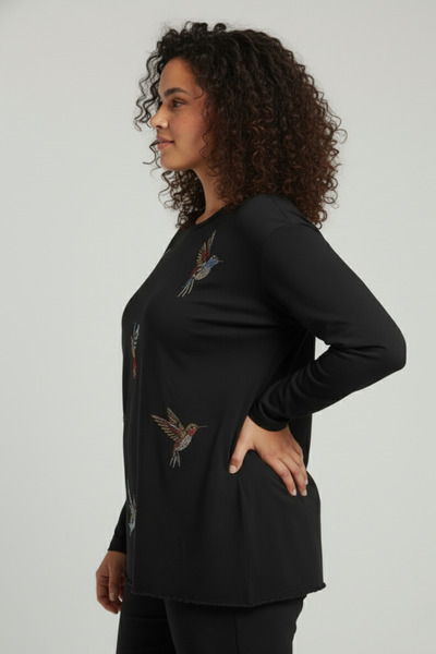 Mivoon Women's Plus Size Crew Neck Long Sleeve Stone Detailed Stretchy Blouse