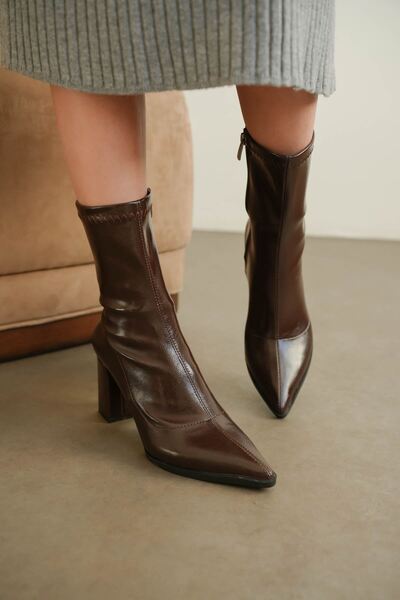 MODAADAM Women's Enjoy Thick Heeled Stretch Boots - Brown-Patent Leather