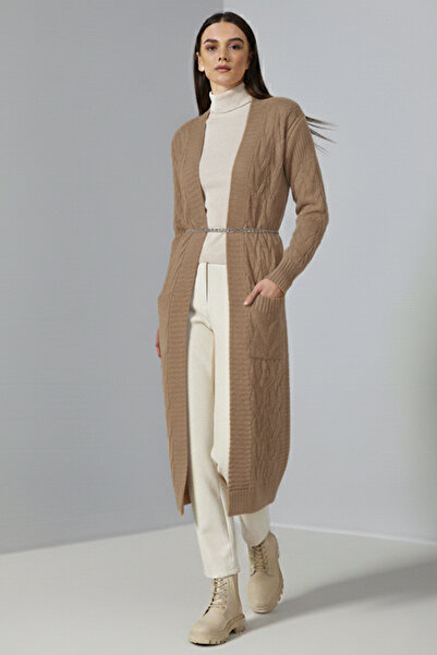 benguen Πλεκτή Ζακέτα Μακρύ Πλεκτό Μοτίβο R2817 Camel