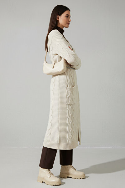 benguen Knitted Patterned Long Knitwear Cardigan R2817 Stone Color