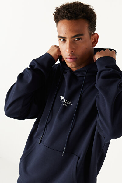 AC&Co / Altınyıldız Classics Marineblaues Oversize-Sweatshirt mit lockerem Schnitt, Kapuze und Baumwolldruck