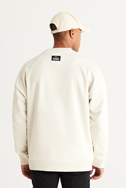 AC&Co / Altınyıldız Classics Beige Oversized Bol Cut Sweatshirt with Fleece Inside, Crew Neck, 100% Cotton