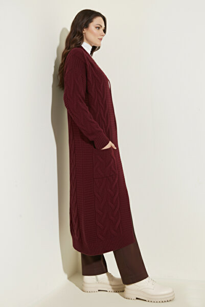 benguen Knitted Patterned Long Knitwear Cardigan R2817 Claret Red