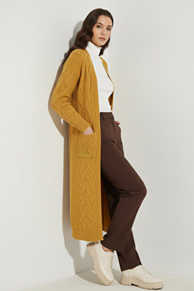 benguen Knitted Patterned Long Knitwear Cardigan R2817 Mustard