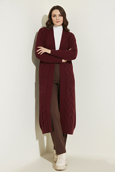 benguen Knitted Patterned Long Knitwear Cardigan R2817 Claret Red