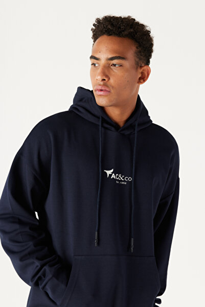 AC&Co / Altınyıldız Classics Marineblaues Oversize-Sweatshirt mit lockerem Schnitt, Kapuze und Baumwolldruck