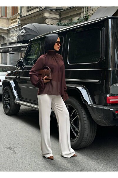 D'RECCY Women's Stand-Up Collar Shirt with Ruffle Detail and Transparent Effect, with Shawl Accessory