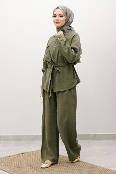 Tesettür Dünyası Drawstring Waist Zippered Double Suit Tsd250252 Khaki