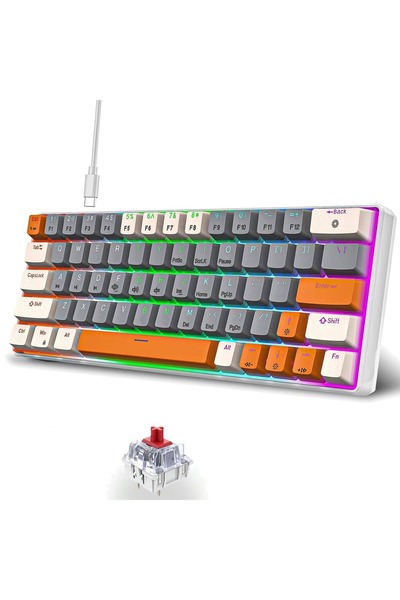 Timebox 60% mechanical keyboard, 63 keys, LED, Red switch, Type-C, portable, gray-orange