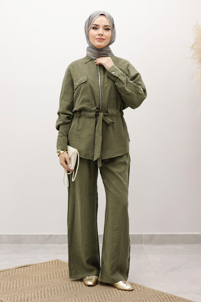 Tesettür Dünyası Drawstring Waist Zippered Double Suit Tsd250252 Khaki