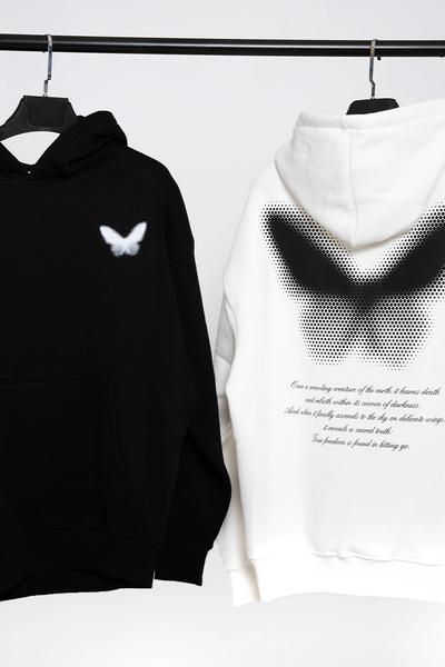 Bak Moda Dot Butterfly Printed Oversized Unisex White Hoodie
