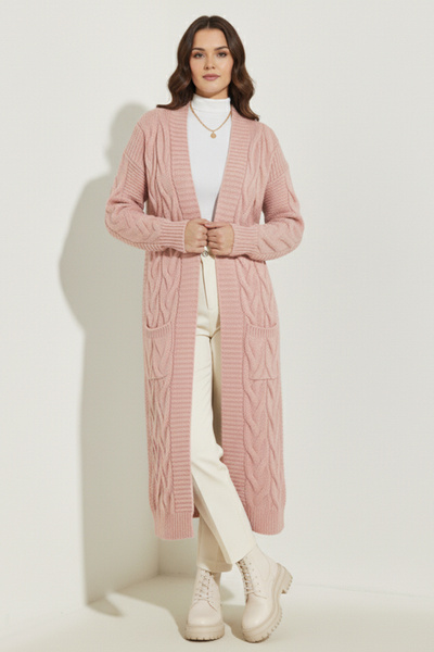 benguen Πλεκτή Ζακέτα Μακρύ Πλεκτό Μοτίβο R2817 Πούδρα