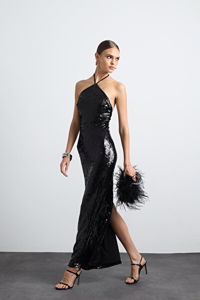 Mozto Fayelle Halter Neck Sequin Maxi Black Evening Dress