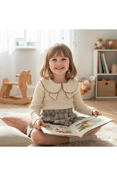 My Lusa baby wear Aybüke |   Baby Lapel Collar Corded Fabric Fabric Long Sleeve Top and Plaid Button Shorts Skirt Set - 2/3/4/5 Years Old