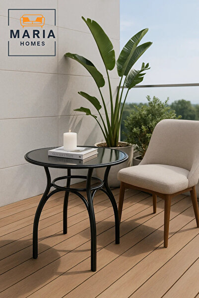 MARIA HOMES Modern Black Round Cafe Table 60x60x60 cm Metal Coffee Table for ...
