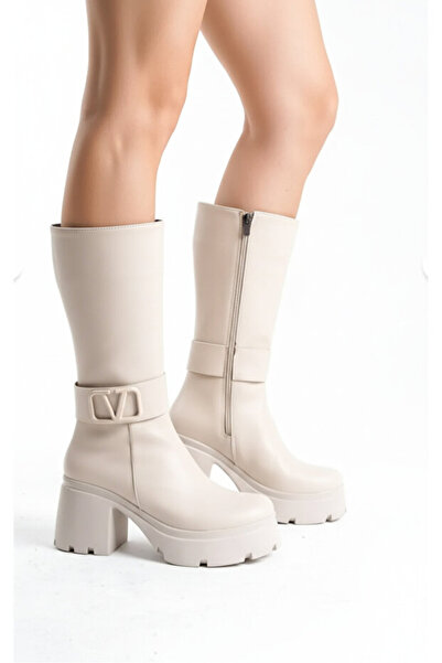 Zerenyus Moki Premium Beige V Detailed High Comfortable Heeled Short Boots