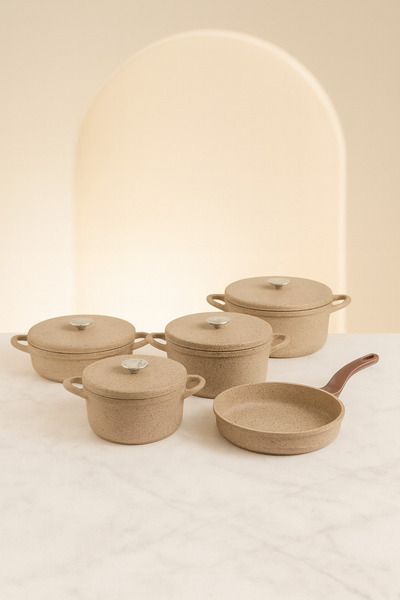 ozo Premium Beige Wave Oven Safe Die Cast Non-stick Cookware Set Made in Turkiye | 3556