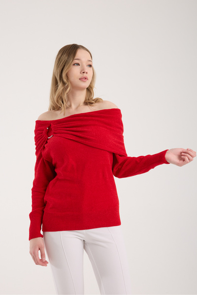 Moda Days Women's Red Chenille Velvet Accessory Shawl Collar Knitwear Sweater