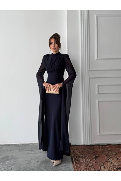 EtikaOnline Kadın Tasarım Karen Tül Kol Korsaj Bağlamalı Uzun Elbise