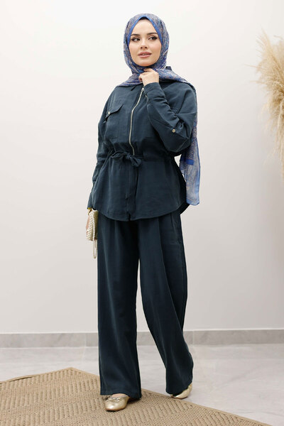 Tesettür Dünyası Drawstring Waist Zippered Double Suit Tsd250252 Indigo