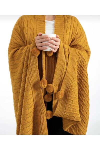 Keremhome *Ponponlu Triko TV Battaniyesi – Yumuşak Örgü Diz Örtüsü & Omuz Şal...