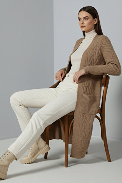 benguen Πλεκτή Ζακέτα Μακρύ Πλεκτό Μοτίβο R2817 Camel