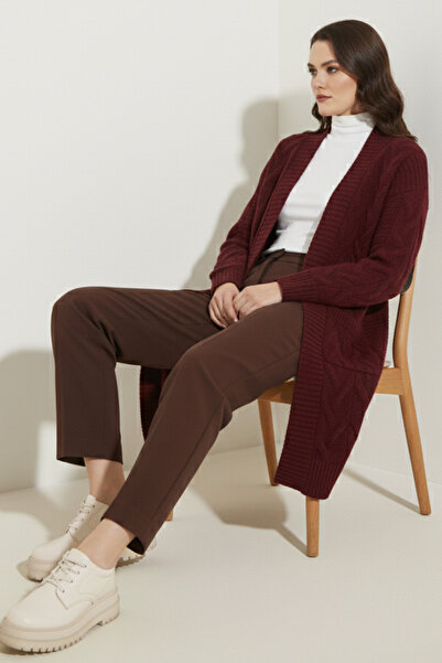 benguen Knitted Patterned Long Knitwear Cardigan R2817 Claret Red