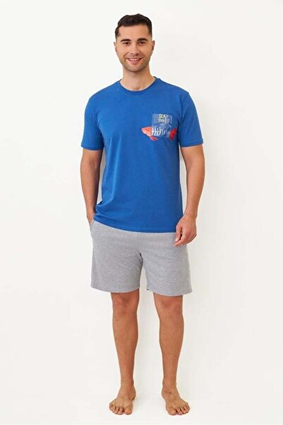 BONY SOCKS Men's Frill Wave Fish Shorts Pajama Set Navy Blue