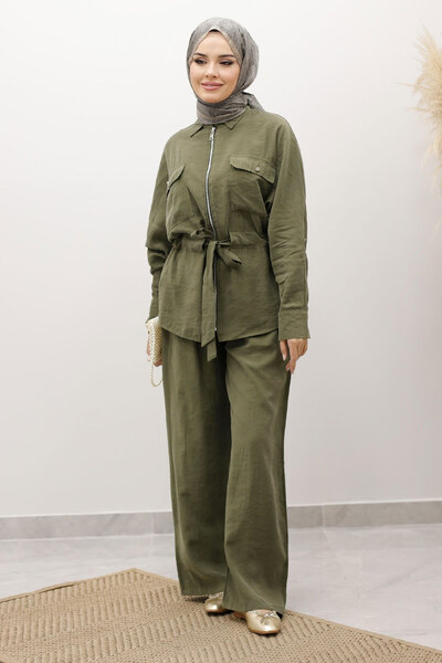 Tesettür Dünyası Drawstring Waist Zippered Double Suit Tsd250252 Khaki